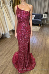 Mermaid One Shoulder Burgundy Sequins Long Semi Formal Prom Dress with Split Front
